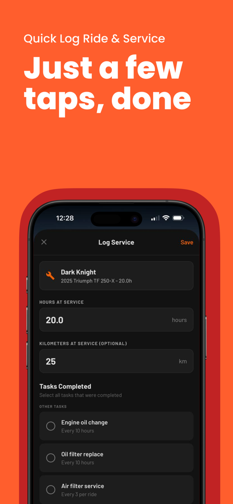 DirtTime mobile app interface showing the service log screen for recording dirt bike maintenance tasks like oil and filter changes.