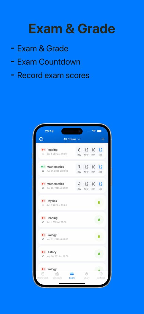 My Homework & Exam Assistant - Mobile interface showing exam countdowns and academic grades.