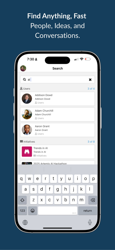 Tela de pesquisa no aplicativo Ideas by Brightidea exibindo resultados de pesquisa para usuários e iniciativas de IA