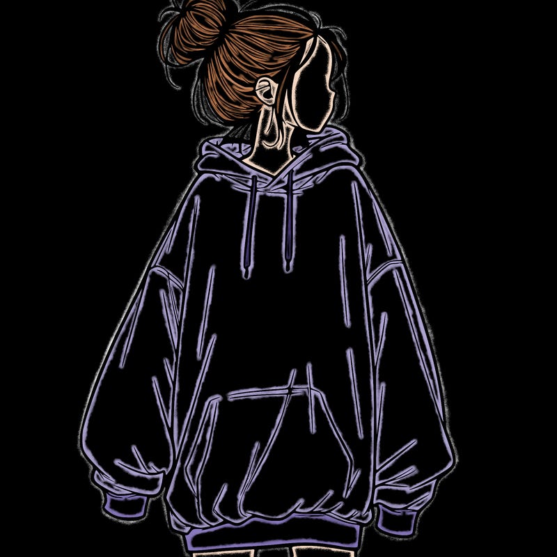 realistic girl with a oversized sweatshirt on and a bun