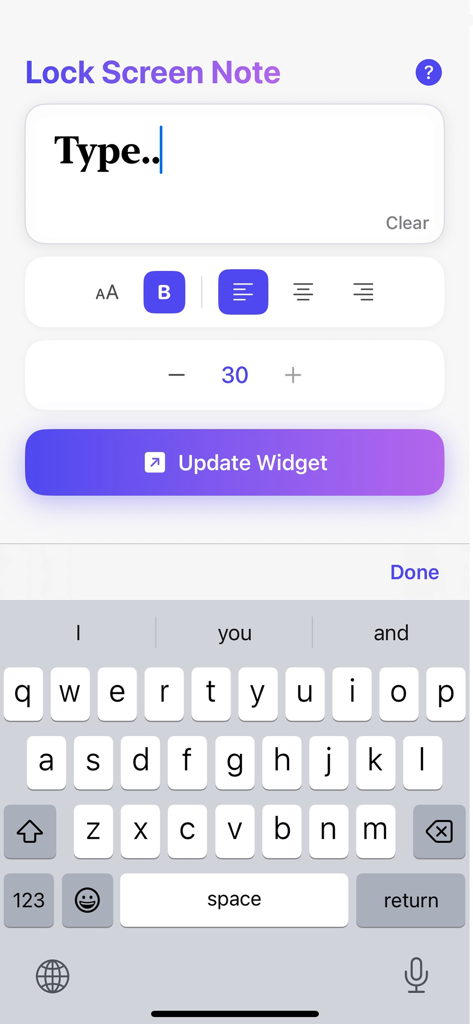 Lock Screen Note - Widget - Interface of the Lock Screen Note app showing text formatting tools and a widget update button.
