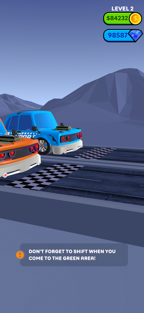 Driver's Journey - Um carro azul e laranja na linha de largada de uma corrida no aplicativo mobile Driver's Journey