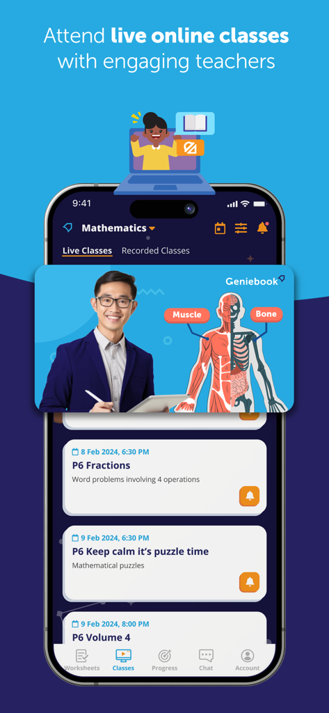 Geniebook: Online Learning App - Geniebook app screen showing live online classes and scheduled lessons with teachers.