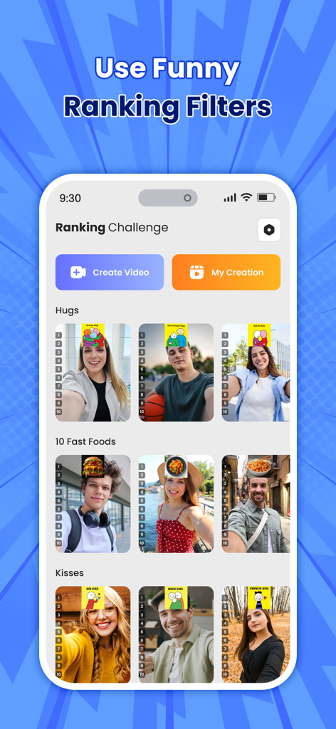 Prediction Filter Challenge - Interfaccia dell'app Sfida Filtri di Predizione che mostra una varietà di sfide di ranking virali tra cui abbracci, cibo veloce e baci.