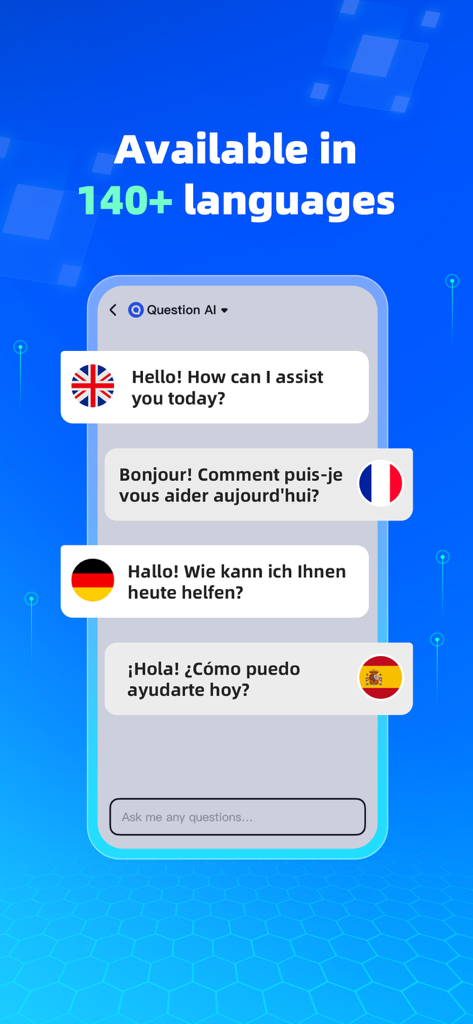 Question.AI app interface showing multilingual chat support in English French German and Spanish