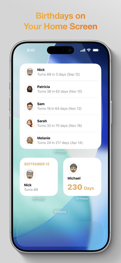 Birthdays: Birthday App - iPhone home screen showing multiple widgets from the Birthdays app with names and countdowns for upcoming birthdays.