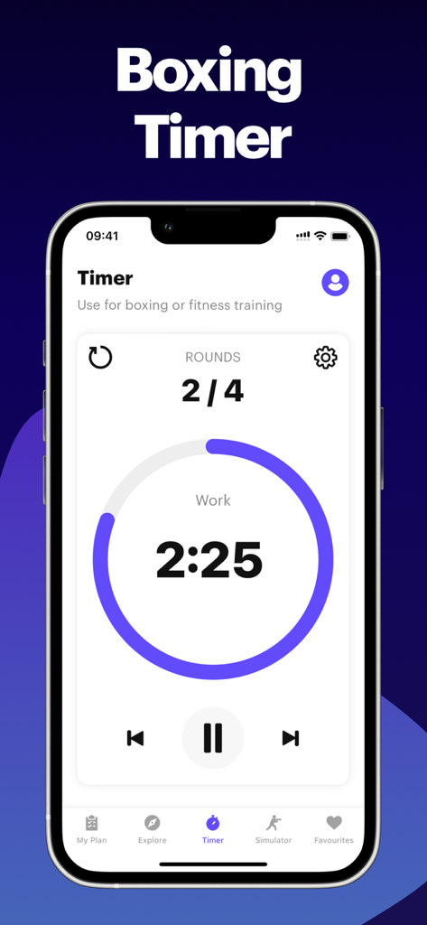 BXNG: Home Boxing Workouts App - Interfaz de aplicación móvil del temporizador de boxeo BXNG que muestra una cuenta regresiva circular para una ronda de entrenamiento