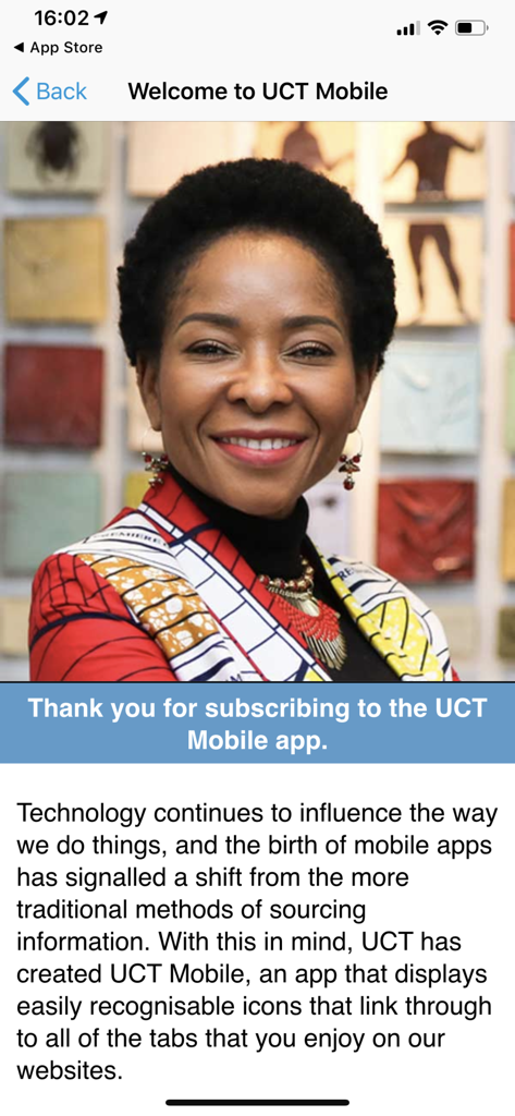University of Cape Town - The welcome screen of the UCT Mobile app featuring an introductory message and a smiling representative.