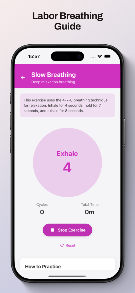 Obstetric Calculators - Interface of the Labor Breathing Guide showing a slow breathing exercise with 4-7-8 technique instructions