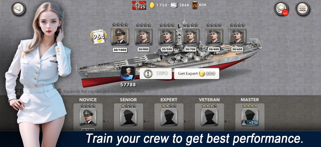 Navy Field: Online Sea Battles - Navy Field game screen showing the crew training and warship management interface with various naval ranks.