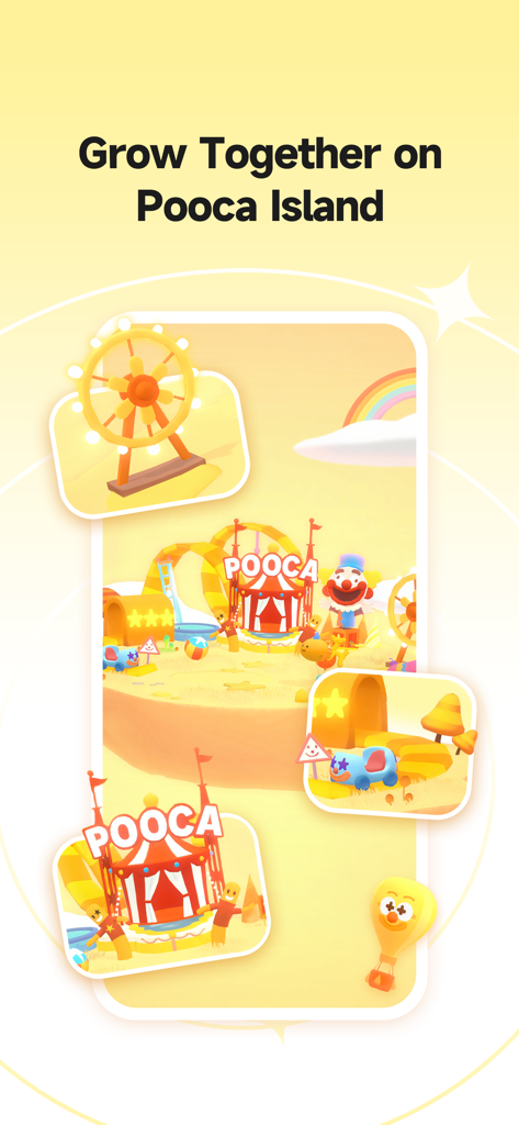Pooca: Self-care Best Friend - Poocaアイランドの心地よいカーニバルシーン。観覧車やサーカス小屋が暖かく黄色い雰囲気で描かれている。