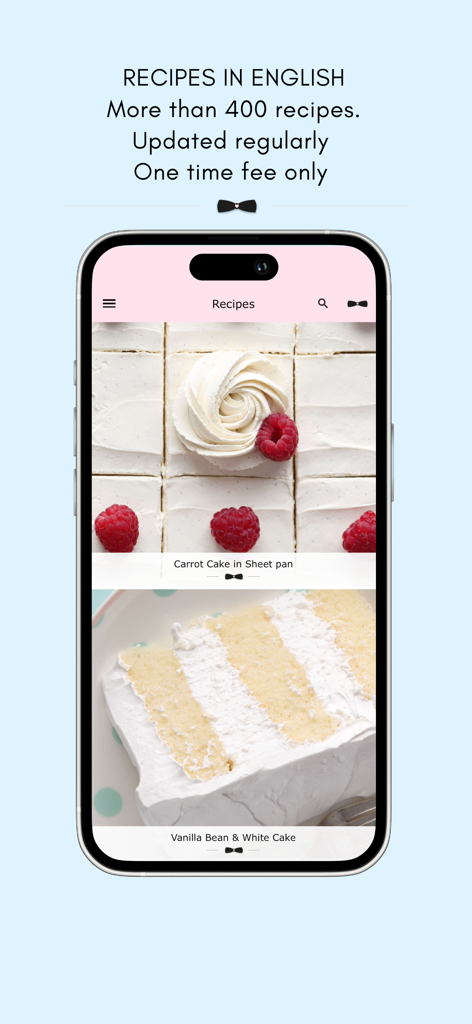 A smartphone screen displaying recipes for carrot cake and vanilla bean cake in the Love Manuela baking app