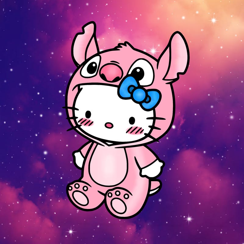 little cute hello kitty, blushing with little stitch costume