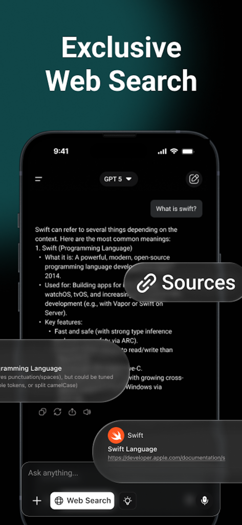 ChatAll : Ask AI Anything 5.4 - Captura de pantalla de la aplicación ChatAll que muestra la función exclusiva de búsqueda web con respuesta generada por IA y citas de fuentes.
