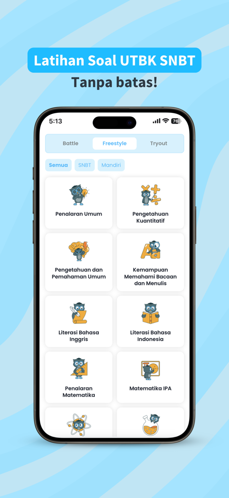 Mobile app interface of Skuling showing various UTBK SNBT study categories like General Reasoning and English Literacy