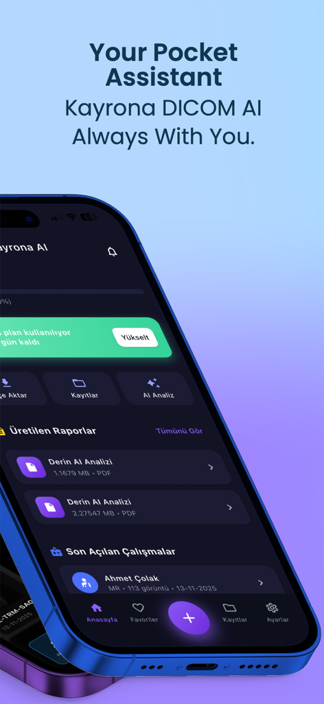 Kayrona DICOM AI Viewer - Dashboard of the Kayrona DICOM AI Viewer app on an iPhone displaying medical reports and recent patient studies