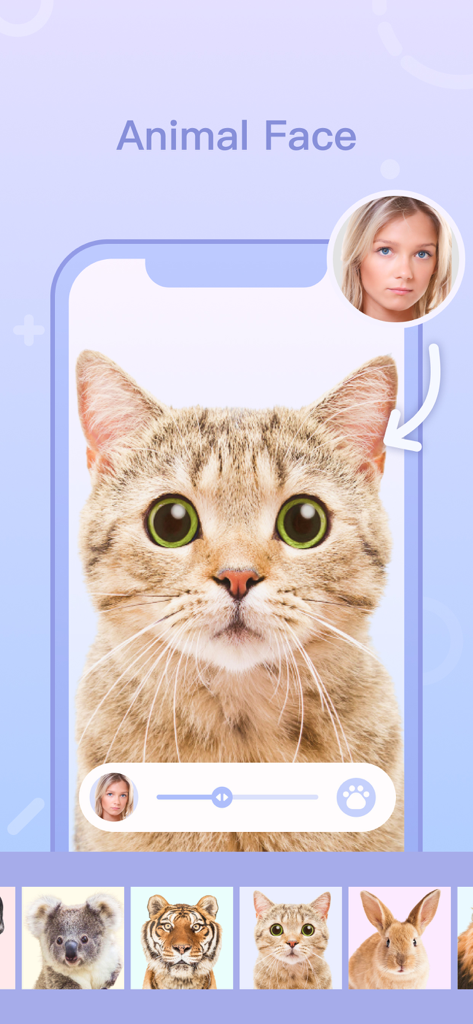 Life Key app interface showing the Animal Face AI filter transforming a woman photo into a cat
