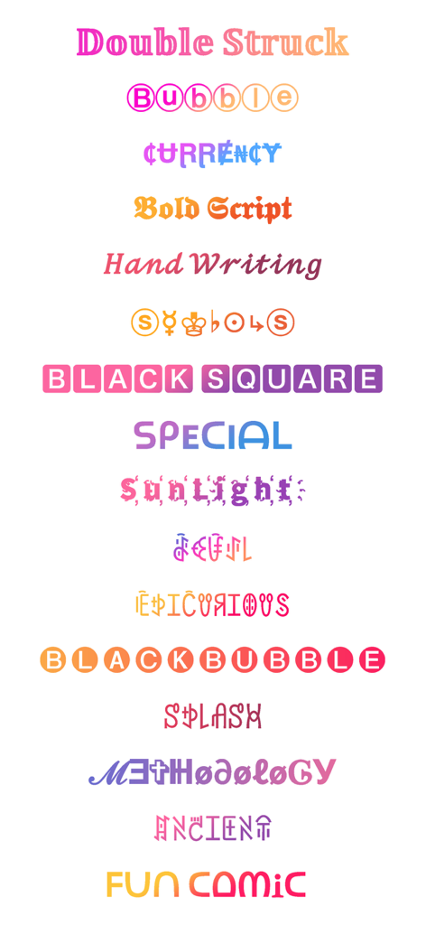 Cool Fonts Art Keyboard - A list of creative and aesthetic font styles including Bubble and Bold Script for iPhone keyboard customization