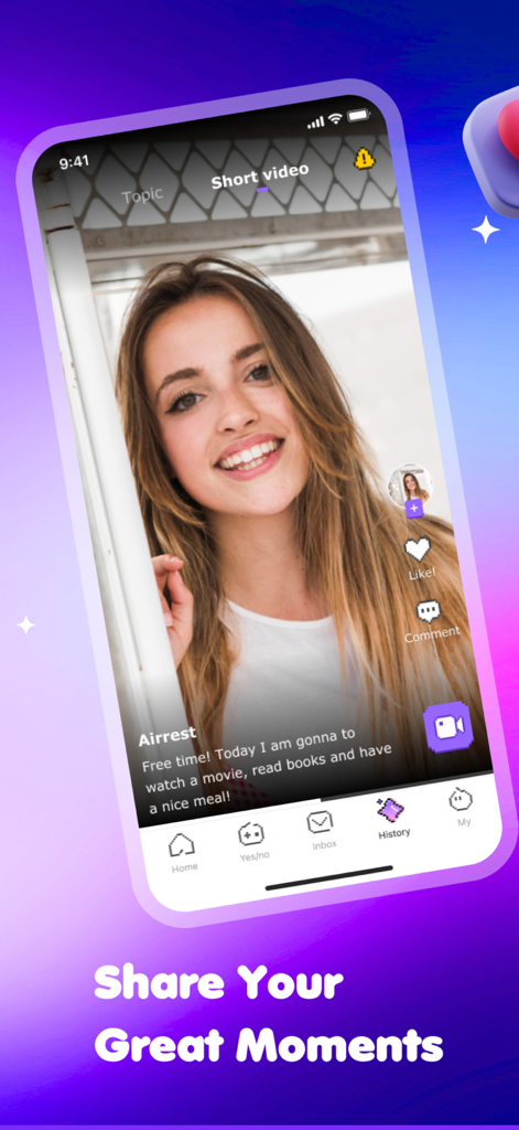 MOKA app interface showing a short video feed with a woman smiling and buttons to like and comment