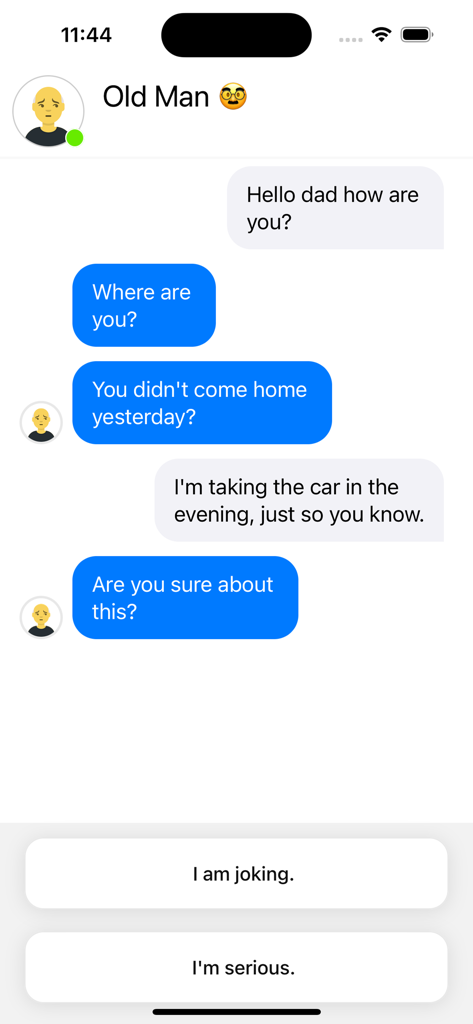 Chat Master: Texting Game - Mobile game screen showing a text message conversation with an old man and two choice buttons at the bottom.