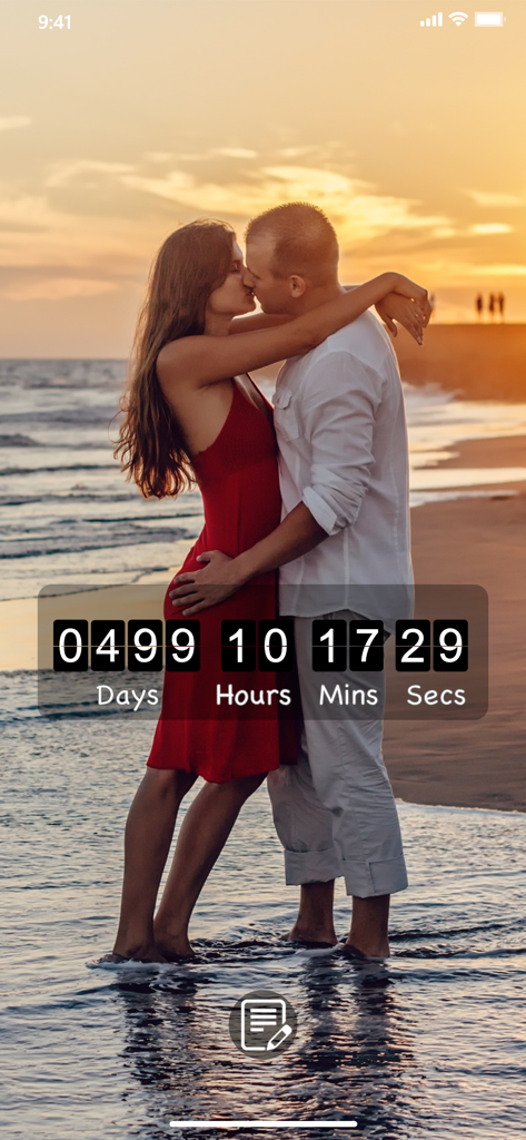My Love-Relationship Countdown - A couple kissing on a beach at sunset with a digital countdown timer showing days hours minutes and seconds