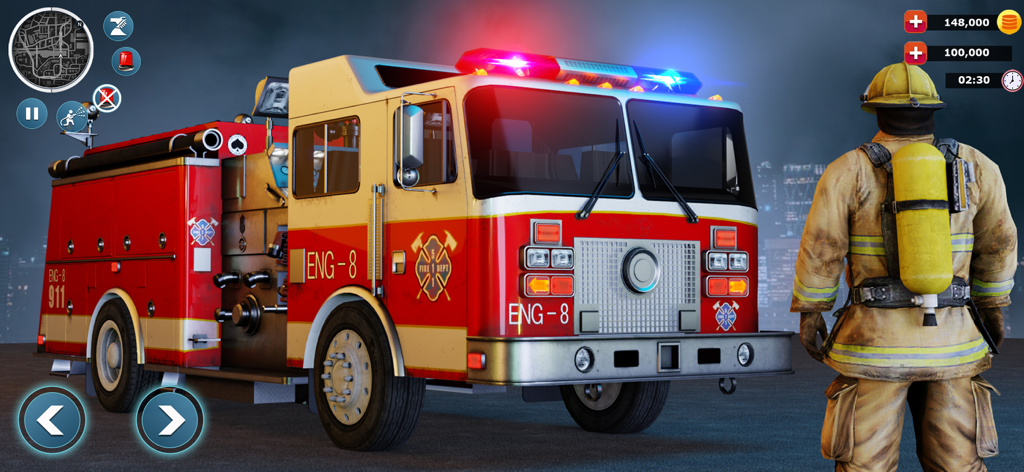 Red fire truck and firefighter character in a 3D simulation game