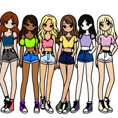 a group of girls wearing crop tops and shorts