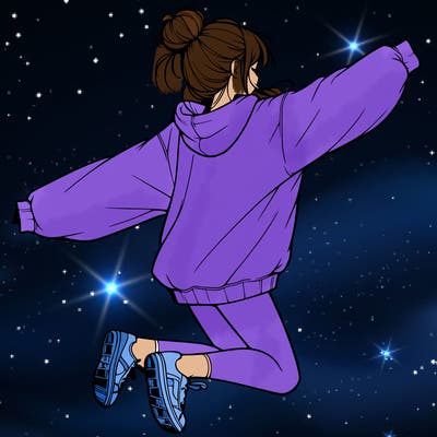 realistic girl jumping with a bun and oversized sweatshirt