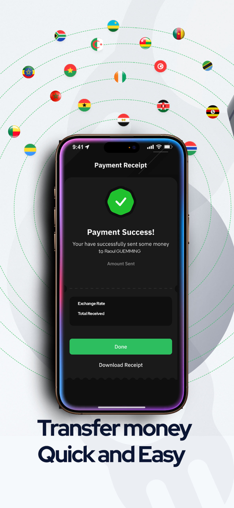 Transfergratis, money transfer - Transfergratis mobile app showing a successful money transfer receipt to Africa
