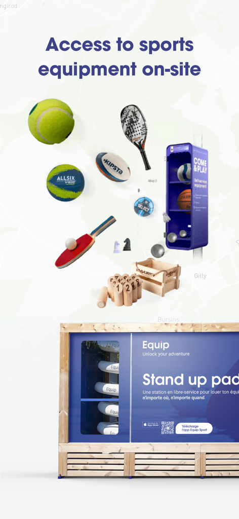 Self-service sports equipment rental stations and gear available through the Equip Sport app.
