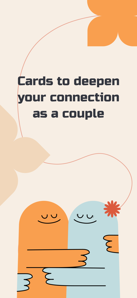 Two characters hugging with text that reads Cards to deepen your connection as a couple