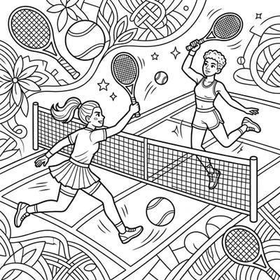 Get ready to unleash your inner artist with this thrilling coloring page capturing two tennis players in an intense match at the net. Celebrate the energy of the court as they execute powerful shots, offering a fantastic canvas for your creative coloring.