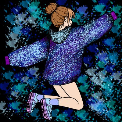 realistic girl jumping with a bun and oversized sweatshirt