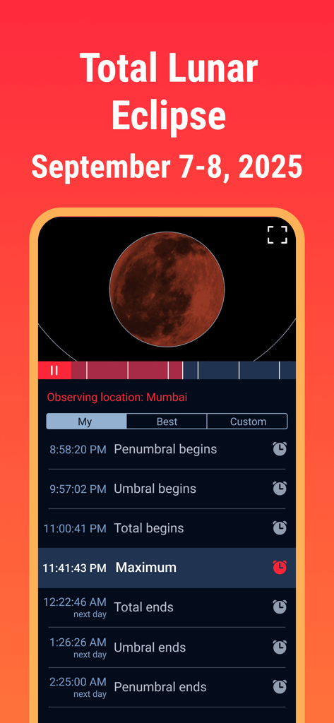 Eclipse Guide：September 2025 - A detailed timeline of a total lunar eclipse showing phases and times within the Eclipse Guide app