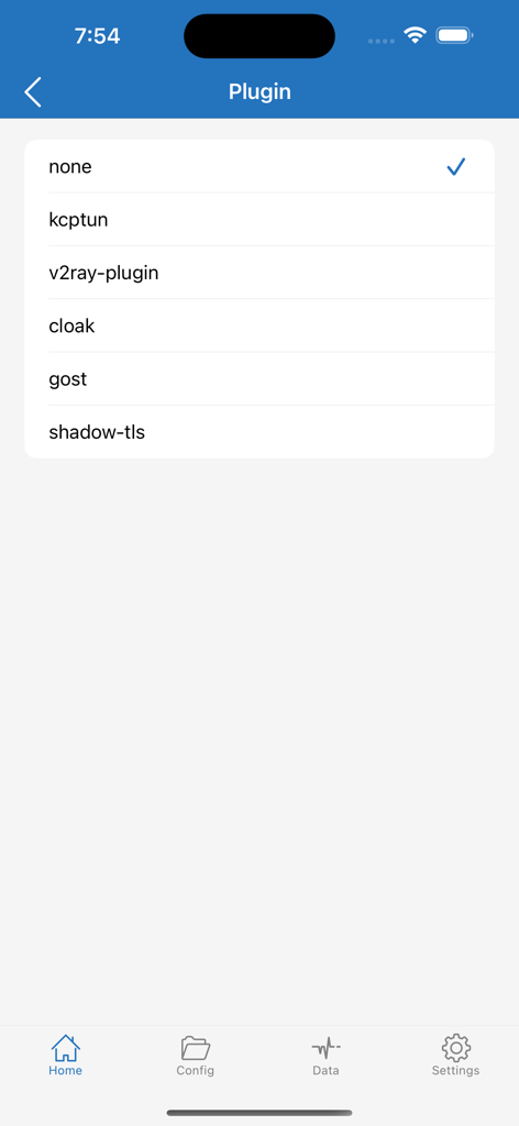 Shadowrocket-App-Bildschirm mit einer Liste von Proxy-Plugins, einschließlich kcptun v2ray und cloak.