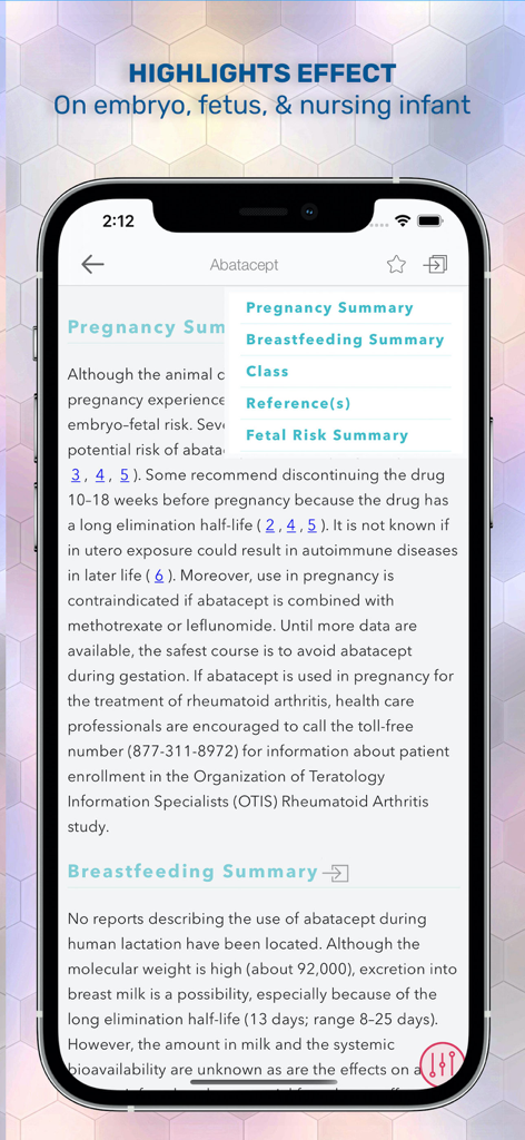 Drugs in Pregnancy Lactation - Interface de monografia de medicamentos clínicos exibindo resumos de gravidez e amamentação para profissionais médicos.