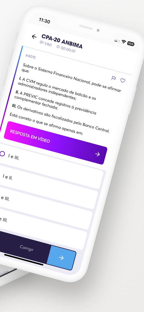 Simulados Topinvest - Captura de tela do aplicativo Topinvest mostrando uma questão prática da certificação CPA-20 ANBIMA com respostas de múltipla escolha e um botão de resposta em vídeo