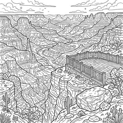 Capture the awe-inspiring beauty of a vast canyon landscape from a stunning elevated viewpoint. This intricate coloring page invites you to explore layered rock formations, winding paths, and desert flora.