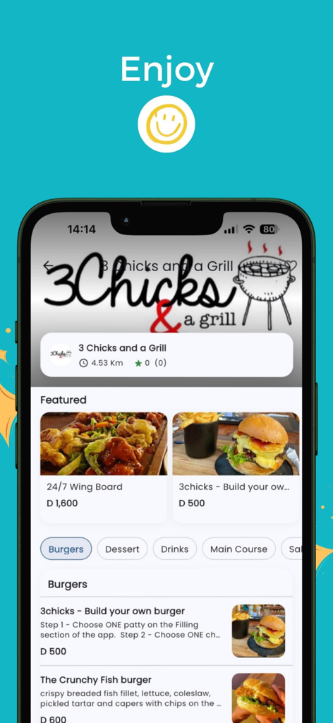 Captura de pantalla de la aplicación Indil mostrando un menú de restaurante para artículos de entrega de comida como hamburguesas y alitas