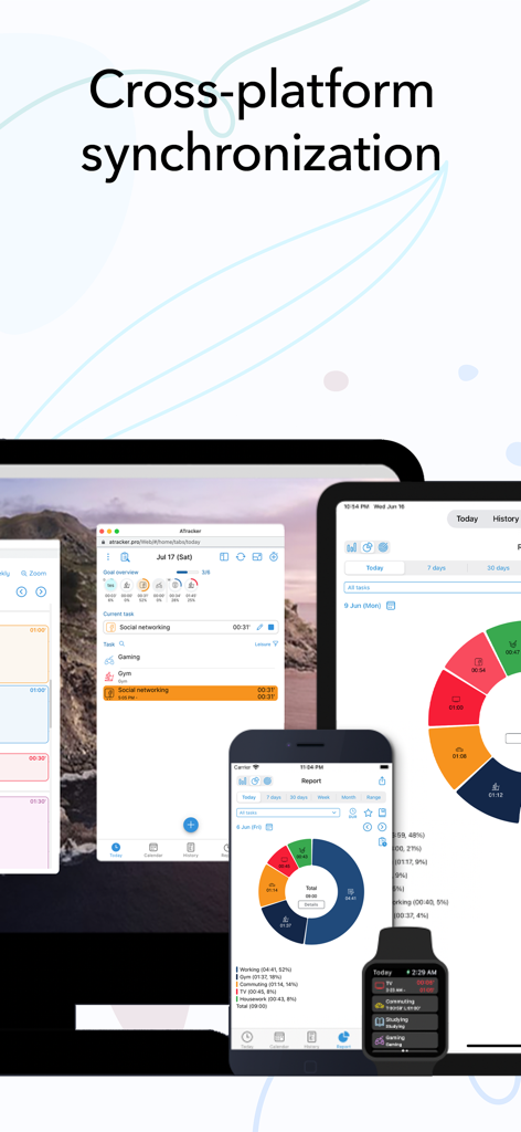 ATracker time tracking data synchronized across iPhone, iPad, Apple Watch, and desktop computer