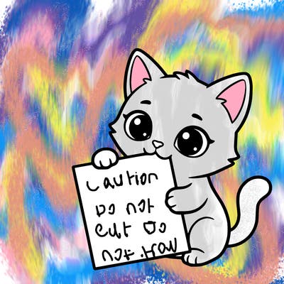 a small cat with a blank sheet of paper in its hand. the cat is sooooooo cute!