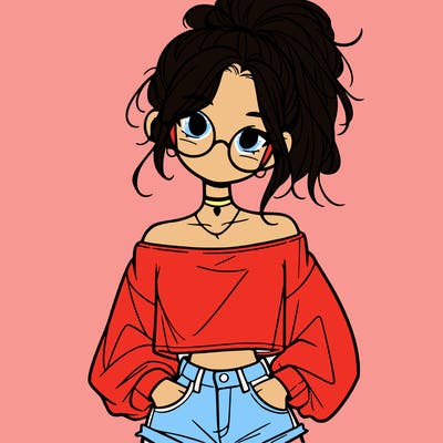 girl with a messy ponytail glasses a baggy crop top and jean shorts