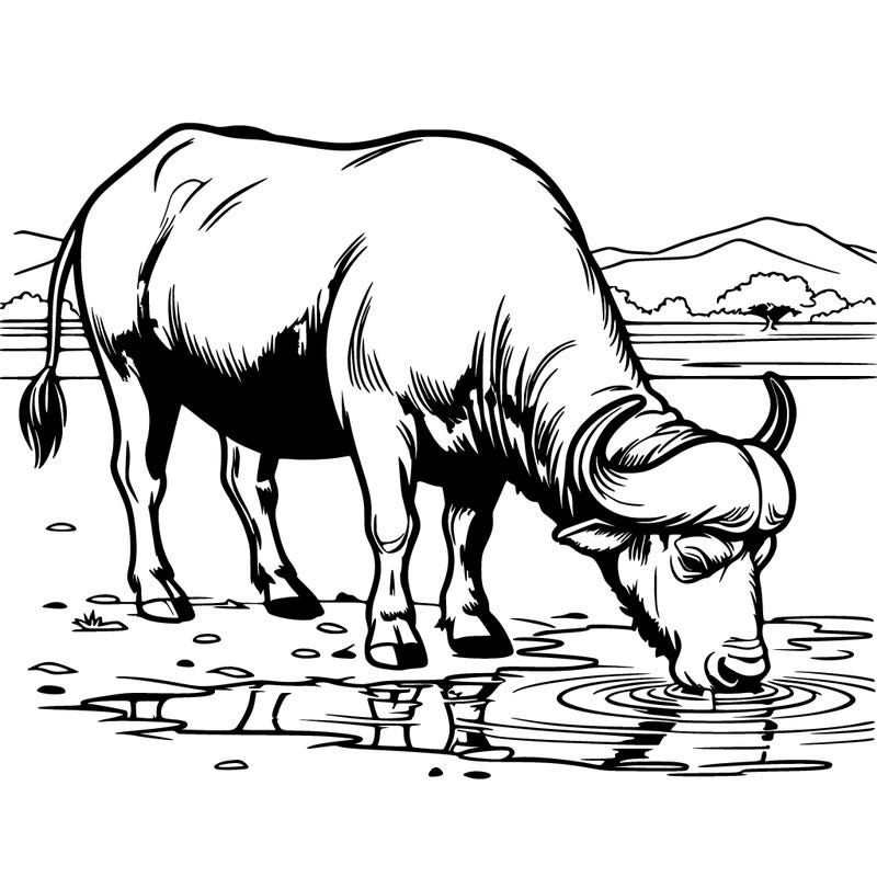 a realtic buffalo drinking from a watering hole
