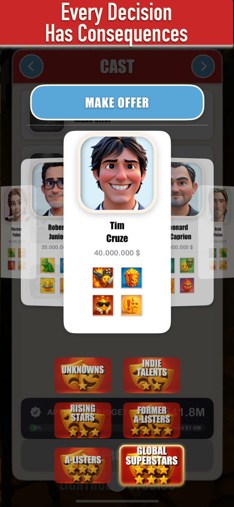 Hollywood - The Movie Tycoon - Casting interface in Hollywood The Movie Tycoon showing a global superstar actor selection and salary offer.