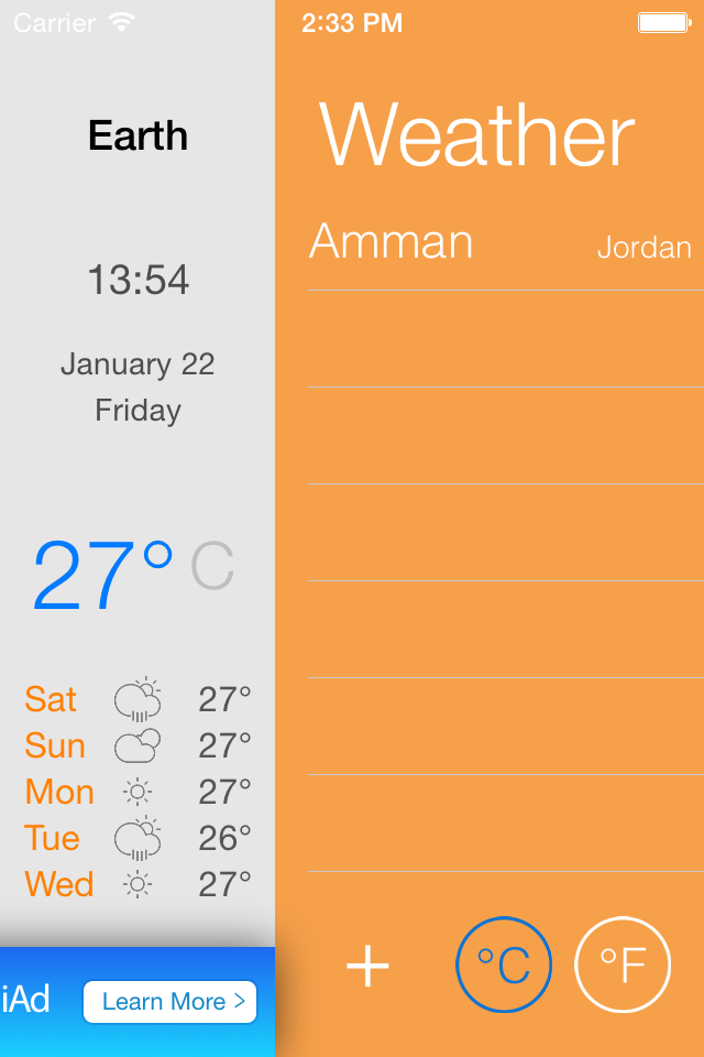 Interfaccia dell'app meteo che mostra l'ora locale, la temperatura attuale e le previsioni settimanali per Amman, Giordania