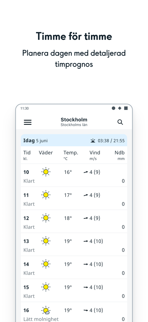 Captura de pantalla de la aplicación SMHI Vader que muestra un pronóstico meteorológico horario detallado para Estocolmo