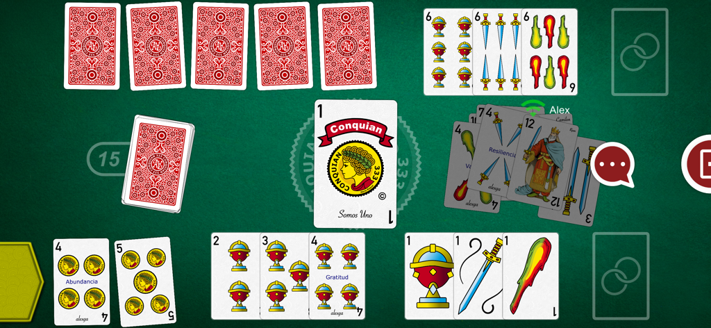 A gameplay interface of Conquian 333 showing traditional Spanish playing cards on a green felt surface.