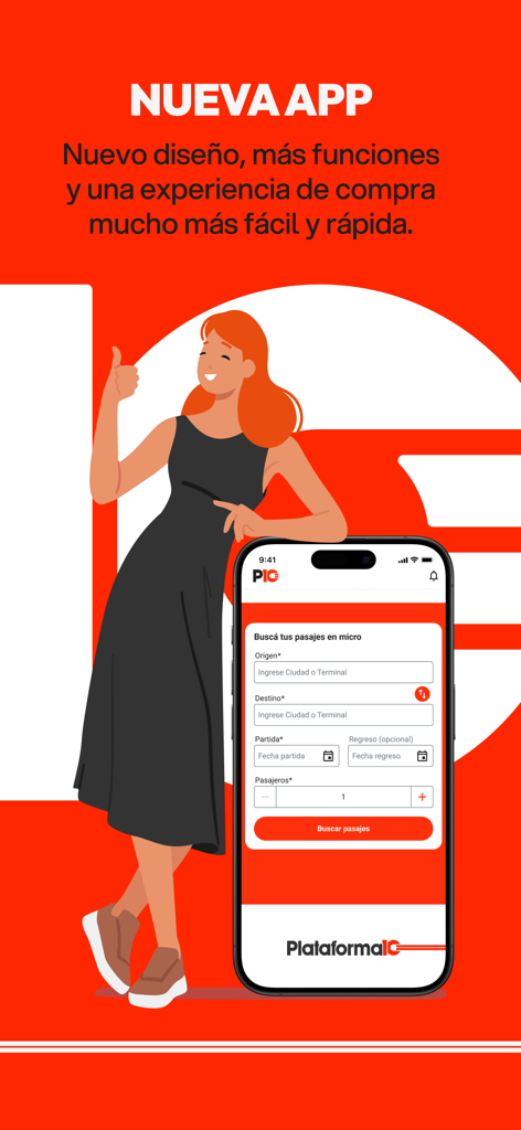Plataforma 10 Pasajes de Micro - A woman giving a thumbs up next to a smartphone displaying the Plataforma 10 bus ticket search interface on a red background