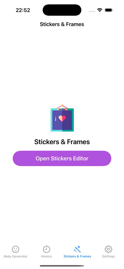 Ai Baby Generator& Future Baby - Stickers and frames editor screen in the BabyForge app