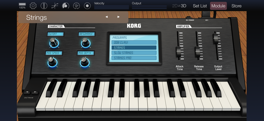 Interface do aplicativo KORG Module Pro mostrando um teclado virtual e controles de sintetizador para sons de cordas